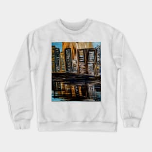 Abstract landscape painting of building reflecting in water Crewneck Sweatshirt